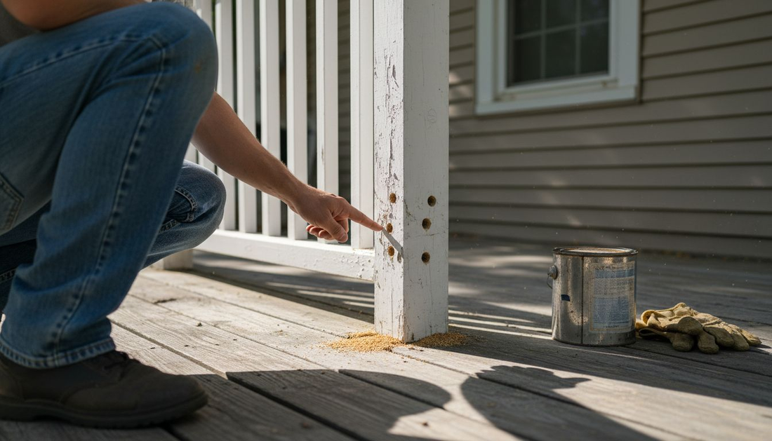 Homeowner inspecting wood for carpenter bee damage