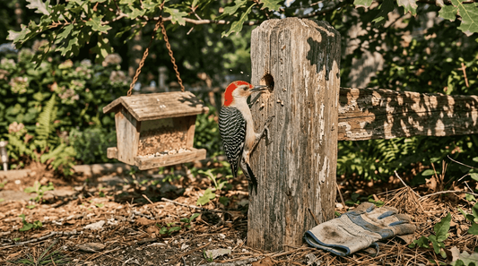 Woodpecker pecking at carpenter bee hole