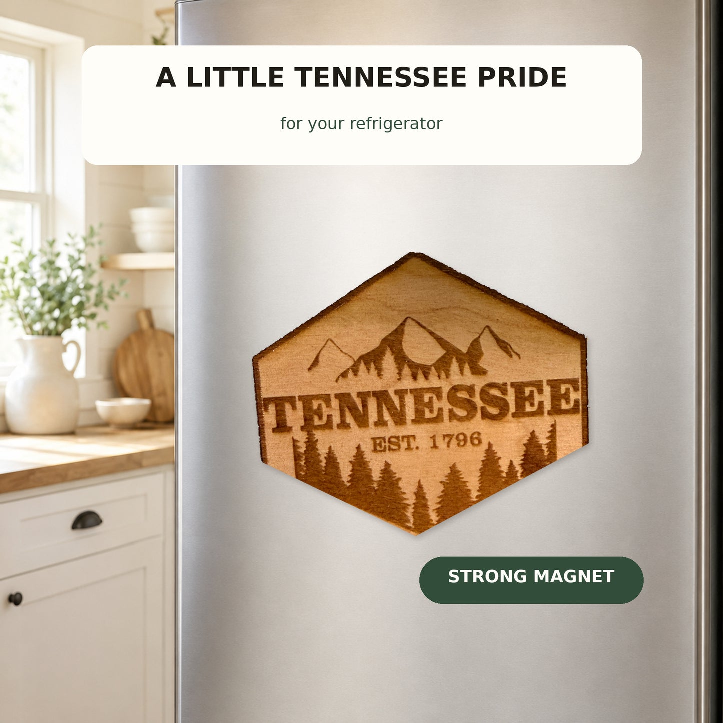 Tennessee Patch Magnet, Solid Cherry Wood, Mountain Pine Engraved, Refrigerator Décor