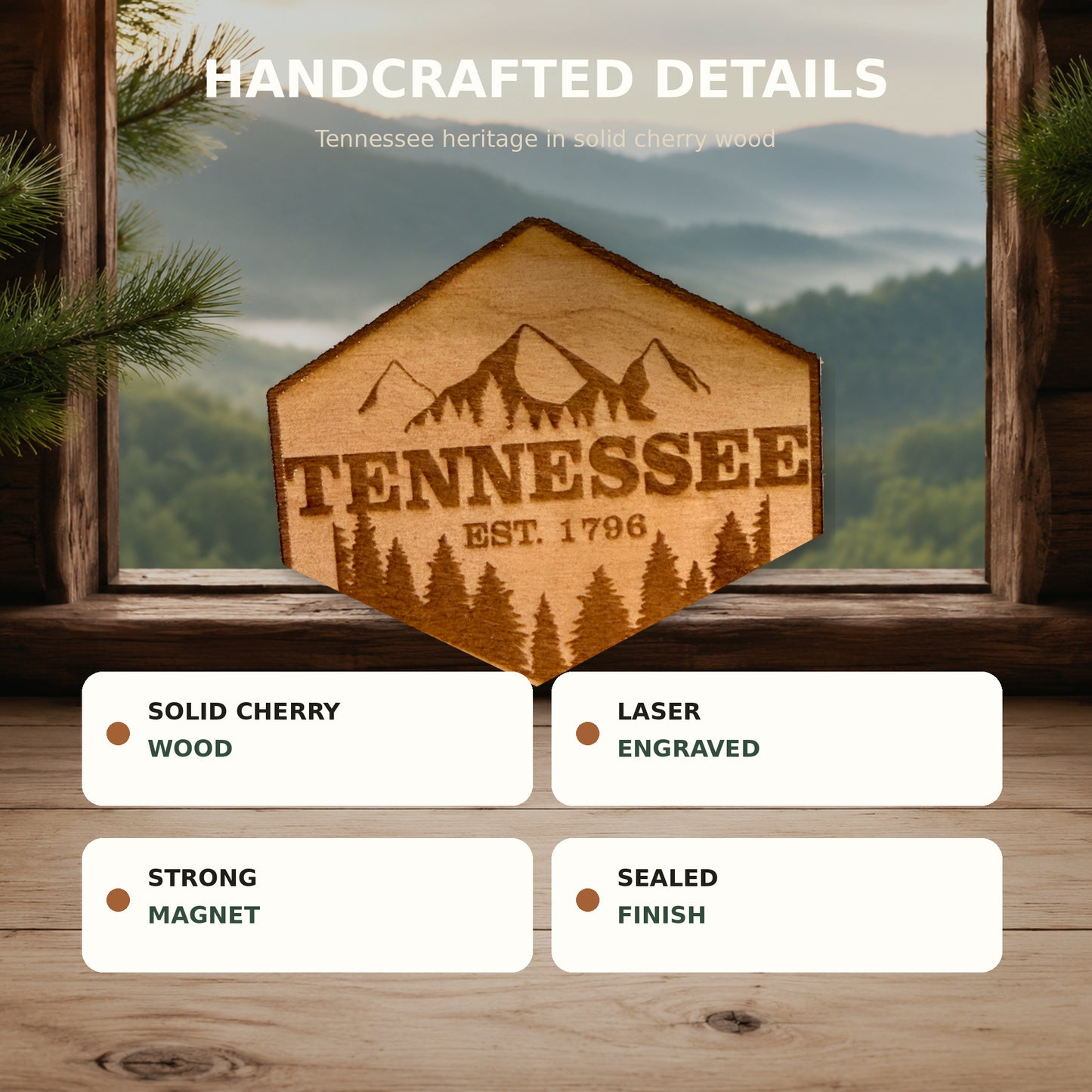 Tennessee Patch Magnet, Solid Cherry Wood, Mountain Pine Engraved, Refrigerator Décor