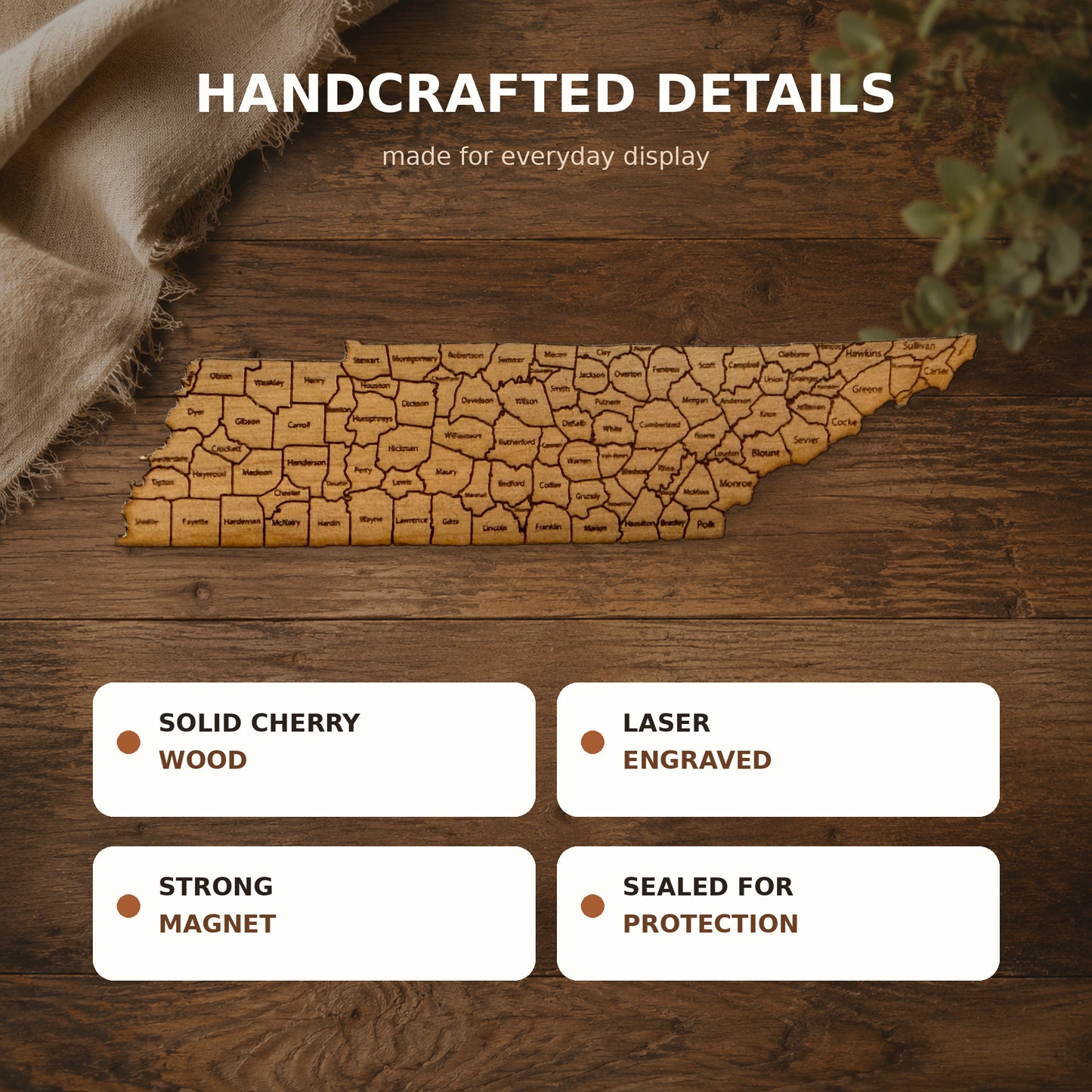 Tennessee County Map Cherry Wood Magnet