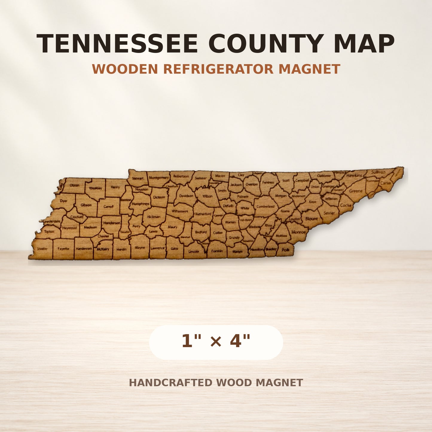 Tennessee County Map Cherry Wood Magnet